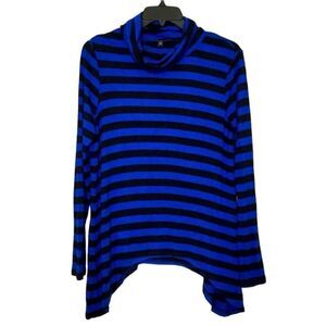 CABLE & GAUGE BLUE BLACK‎ STRIPE COWL NECK LONG SLEEEVE ASSYMETRICAL HEM TOP M